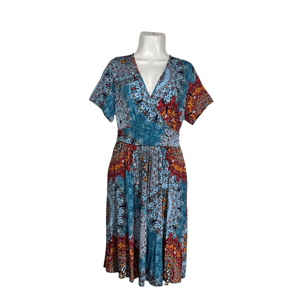 LILBETTER Wrap Dress XL Blue Red Boho Mandela Short Sleeve Pockets Flare Casual